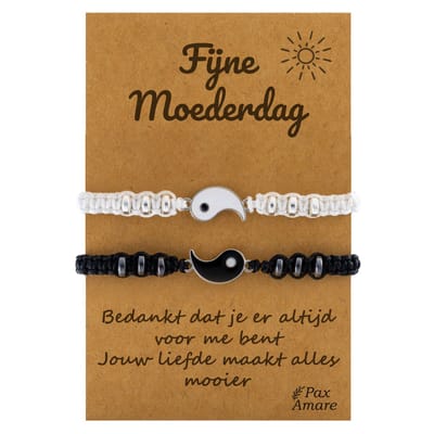Moeder Dochter Armbandjes voor 2 "Fijne Moederdag" - Yin Yang - Moeder Kind Armbandjes met Cadeau Kaartje - Zwart & Wit - Elastisch Verstelbaar - Pax Amare