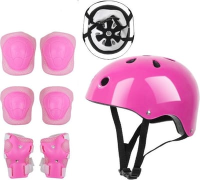 Zevendelige set met helm en beschermende uitrusting - kinderloopfiets, skateboard, skaten, verstelbare helm, skateboard, kniebeschermers, polsbeschermers, elleboogbeschermers - geschikt voor jongens en meisjes van 3 tot 8 jaar - roze