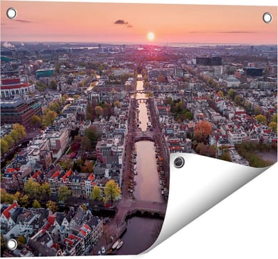 Gards Tuinposter Bovenaanzicht Amsterdam met Zonsondergang - 50x40 cm - Tuindoek - Tuindecoratie - Wanddecoratie buiten - Tuinschilderij