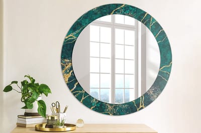 Wallfluent Bedrukte Ronde Spiegel - Ronde Spiegel Met Bedrukte Lijst Groen Marmer - 70 cm / 56 cm - Gouden - Gouden Ronde Spiegel Met Decoratie - Inloopkastspiegel - Badkamerspiegel - Toiletspiegel - Top Kwaliteit