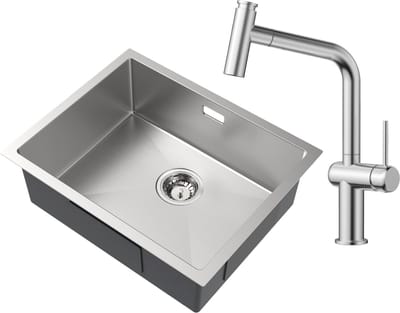 Auralum Max Spoelbak voor keuken 55x44cm - Spoelbak Keuken Met T-Uitloop Keukenkraan - Spoelbakken met sifon en overloopset - Enkele spoelbakken - RVS