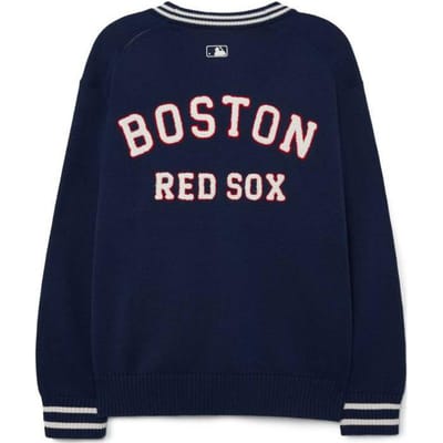 Pull en maille MLB Boston Red Sox à rayures jacquard avec col en V simple boutonnage, unisexe, bleu marine 3AKCV0131-43NYS S gray