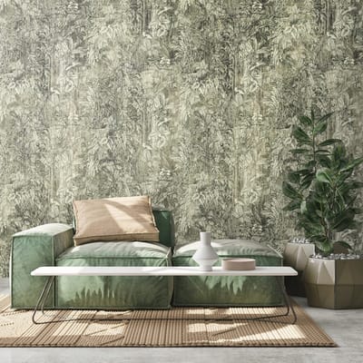 Fotobehang Profhome 393131-GU vliesbehang hardvinyl warmdruk in reliëf glad met palmen mat groen grijs 1,59 m x 2,8 m