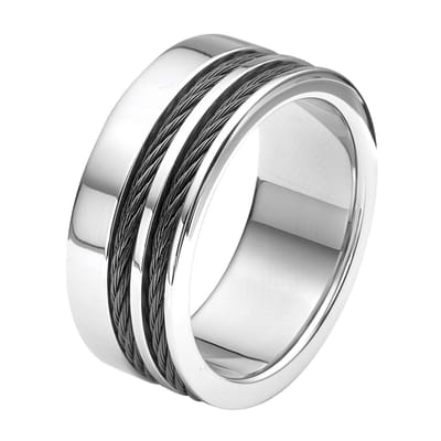 Lucardi Heren Ring met zwarte kabels - Ring - Vaderdag Cadeautje - Staal - Zilverkleurig
