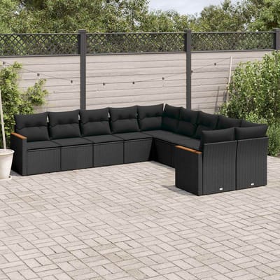 vidaXL - 10-delige - Loungeset - met - kussens - poly - rattan - zwart