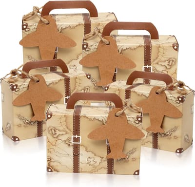 Daity Set van 50 – Feestelijke snoepdoosjes: Vintage mini-kofferontwerp - van kraftpapier - inclusief labels en touw – Ideaal voor feesten met een reisthema - bridal showers en bruiloftsdecoratie