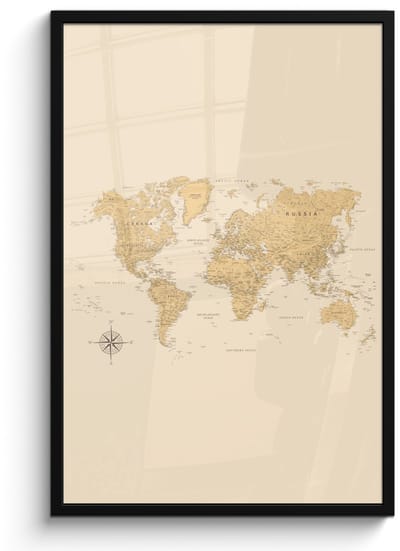 Poster in lijst - Fotolijst 60x90 cm - Posters - Wereldkaart - Realistisch - Beige - Posterlijst zwart - Decoratie - Wanddecoratie woonkamer - Muurdecoratie slaapkamer