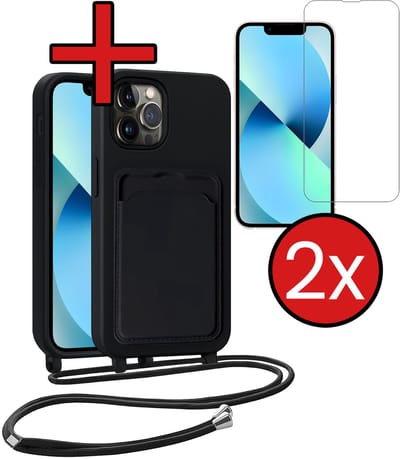 Hoesje Geschikt voor iPhone 13 Pro Hoesje Met Telefoonkoord en Pasjeshouder Met 2x Screenprotector Siliconen - Hoes Geschikt voor iPhone 13 Pro Hoesje Met Kaarthouder Case - Zwart