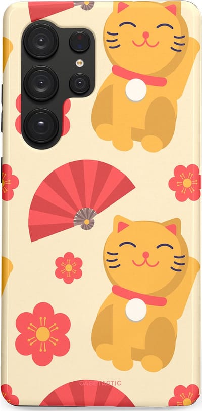 Casetastic hoesje geschikt voor Samsung Galaxy S25 Ultra - Dubbellaagse bescherming - Japanse Poezenvreugde - Lucky Cats - Fashion Case - Crème Koraal Goud