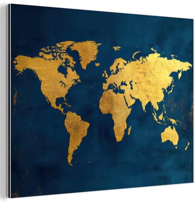 Aluminium schilderij 120x90 cm - Wanddecoratie metaal - Wereldkaart - Goud - Donkerblauw - Metalen muurdecoratie woonkamer - Decoratie industrieel - Foto op dibond - Industriële accessoires slaapkamer
