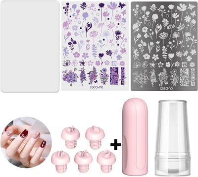Set voor Nagelkunst met Siliconen Stempelpen 5-in-1, Inclusief Stempel, Schraper en Bloemige Patroonplaat voor DIY Manicure en Nail Art Creaties
