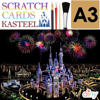 Ainy - Scratch Art Kasteel (A3) | DIY kras tekeningen incl. gereedschappen | Schilderen op kleuren kunst kraskaart | hobby & creatief voor volwassenen en kinderen ( meisjes ) | Knutselen - ontspanningspakket | Schilderijen set nummer 10