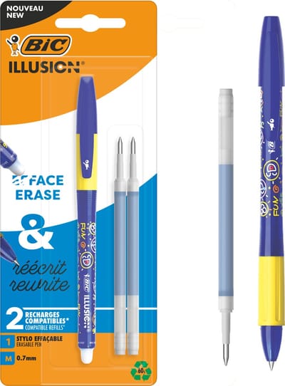 BIC Illusion Uitwisbare Balpen - Blauwe pen met 2 Navullingen - Medium Punt 0,7 mm - 1 Stuk