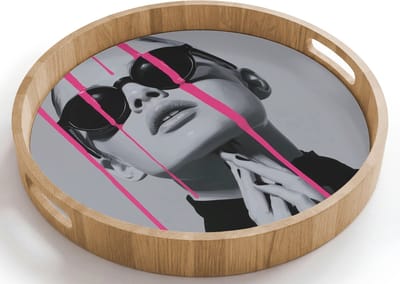 Dienblad rond 40x40 cm - Schootdienblad hout - Portret - Vrouw - Zonnebril - Verfdruppels - Borrelplank rechthoek - Plateau houten dienbladen