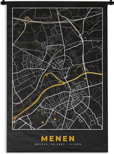 Wandkleed - Wanddoek - Menen - Stadskaart - Goud - Plattegrond - Kaart - 120x180 cm - Wandtapijt