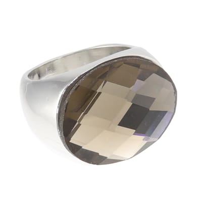 Behave - Ring - Zilverkleurige statement ring met grote ovale bruin taupe facetgeslepen glassteen – Nikkelvrij - 16mm