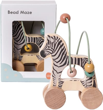 Speelgoedtopdeals - Houten Motoriekspiraal Zebra op Wielen - 17 cm - Educatief Speelgoed