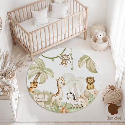 Rond Vinylzeil Savannah Joy Oliver Robins-Vinyl kleed-kinderkameraccessoires-jungle dieren-giraf-aapje-leeuw-100cm-kinderkamer-kleed
