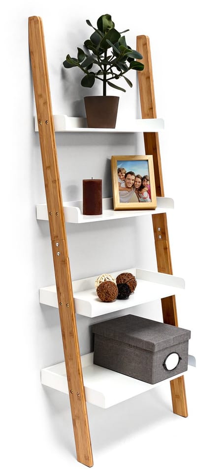 ladderrek bamboe - 4 planken - 144 x 56 x 34 cm - voor woonkamer - hoog - natuur-wit