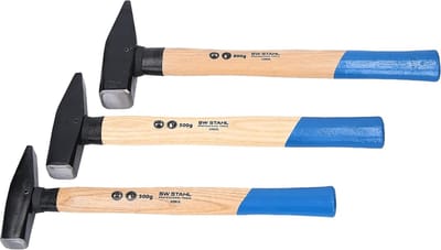 SW-Stahl 50930L slothamerset met handgreepbescherming, 3-delig, gereedschaphamer van hickoryhout, hamer met kopgewichten 300 g - 500 g - 800 g