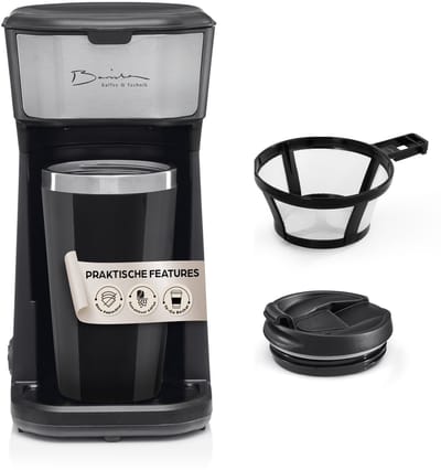 Barista Single koffiezetapparaat to go 450 watt | compact filterkoffiezetapparaat met thermobeker | kleine, draagbare coffee to go machine | incl. isolatiebeker & nylon permanent filter - zwart