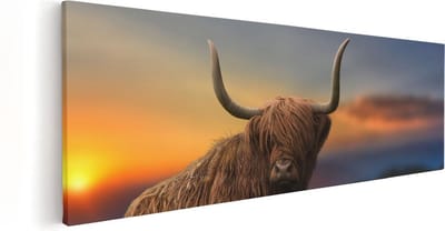 Artaza Canvas Schilderij Hooglander - 60x20 cm - Wanddecoratie Natuur - Muurdecoratie Gewei - Kamer Accessoires