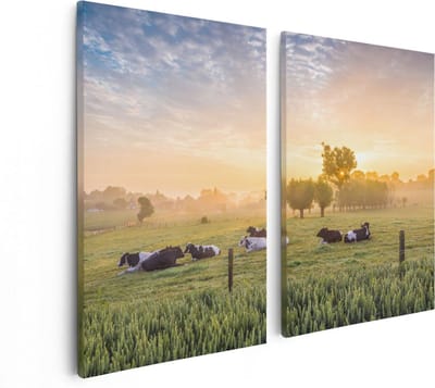 Artaza Canvas Schilderij Tweeluik Koeien In De Wei Tijdens Zonsopgang - 80x60 - Foto Op Canvas - Canvas Print