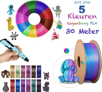 3D pen vullingen - Tri Color Glanzend PLA Filament - 5 Regenboog kleuren Vulling - 30 meter - 1,75mm - 3 kleuren in één vulling - Navulling 3D Pen Hervulling biologisch afbreekbaar PLA - Universeel Geschikt voor alle 3D pennen
