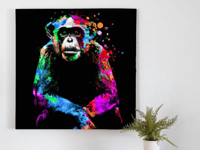 Vibrant rainbow chimpanzee | Vibrant Rainbow Chimpanzee | Kunst - 100x100 centimeter op Dibond | Foto op Dibond