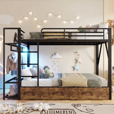 VVBV Kinderstapelbed 140x200 cm met LED-Verlichting, Planken - Voor Hal/Entree, 2 Lades - Metaal Zwart - Zonder Matras