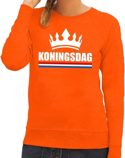 Oranje Koningsdag sweater - trui met een kroon print - dames - Koningsdag kleding - lange mouwen S