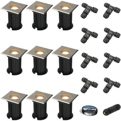 HOFTRONIC Set van 9 Ramsay LED Grondspot - Dimbaar - Vierkant - GU10 - 4W 345lm - 2700K warm wit - RVS - IP67 waterdicht - Tuinspot - Oprit -