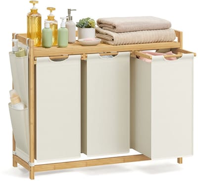 Wasmand – 3 Vakken – 3 x 50 L – 94 x 33 x 78 cm – Crèmewit – Grote Opberger
