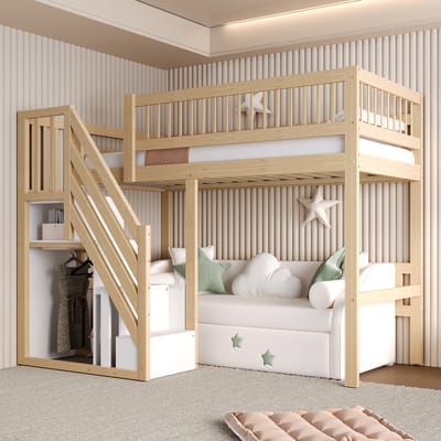 MIVRAY Halfhoog Bed 90x200 cm Zonder Matras - Opbergtrap Met Kasten - Ruimtebesparend Voor Kinderkamer - Hout - Naturel