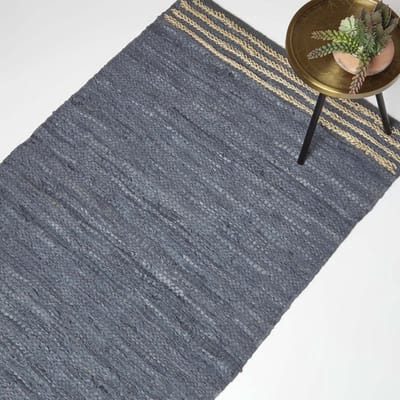 Homescapes leren tapijt grijs met strepen 90 x 150 cm - tapijt gemaakt van gerecycled leer