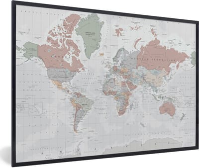 Poster in lijst - Fotolijst 120x80 cm - Posters - Wereldkaart - Vintage - Pastel - Aarde - Grijs - Educatief - Posterlijst zwart - Decoratie - Wanddecoratie woonkamer - Muurdecoratie slaapkamer