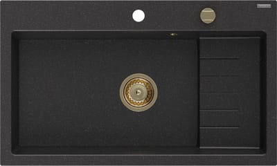 Mexen Omar granieten gootsteen 1-komorowy 800 x 480 , zwart/zilveren metallic, gouden sifon - 6520801005-73-G