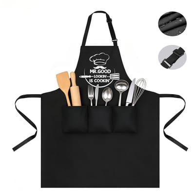 BBQ-schort voor heren - keukenschort heren - bbq schort mannen - Kookschort met 3 zakken - Verstelbare kookschort - Waterdichte zwarte beschermhoes - Geweldig cadeau voor papa en opa - Verjaardagscadeau - Vaderdagcadeau - Zwart - D