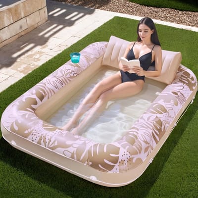 Opblaasbare zonnebank ligstoel vlotter, 177 x 116 cm zwembad drijft volwassenen met kussen, 4-in-1 zonnebad vlot floatie, zonnebaden bed lounge voor water blazen kinderen ballenbak（gold）