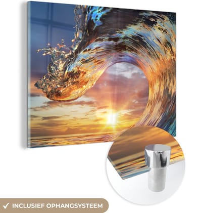 MuchoWow® Glasschilderij 160x120 cm - Schilderij acrylglas - Zee - Zon - Kleuren - Foto op glas - Muurdecoratie woonkamer - Wanddecoratie slaapkamer - Schilderijen