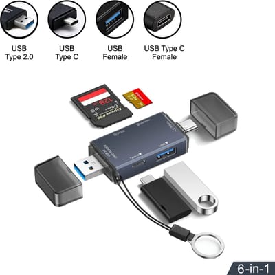 Femur 6-in-1 SD Kaartlezer voor Micro SD kaart - SD kaart - Geschikt voor Telefoon, PC en Tablet met USB-C 2.0+3.0 en USB 2.0+3.0 aansluiting