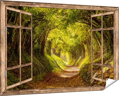 Gards Tuinposter Doorkijk Pad in het Bos met veel Bladeren - 180x120 cm - Tuindoek - Tuindecoratie - Wanddecoratie buiten - Tuinschilderij