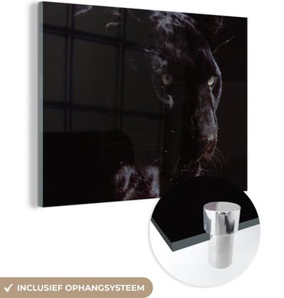 MuchoWow® Glasschilderij 160x120 cm - Schilderij acrylglas - Panter - Dier - Zwart - Foto op glas - Schilderijen