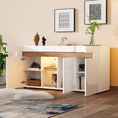 Wishdor Dressoir - App-Gestuurde Ledverlichting - 3 Deuren - Hoogglans Deurfronten - Spaanplaat - Wit En Naturel - 140 X 40 X 70 Cm