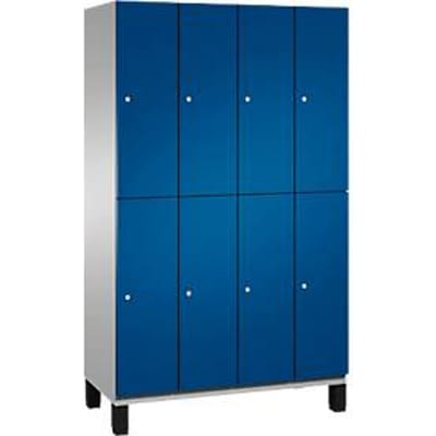 C+P Tweelaagse Cambio-kast, 4 vakken, 8 legborden, op poten, B 1200 x D 525 x H 1980 mm, blank aluminium/ gentiaanblauw