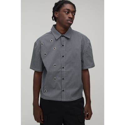 Oversized Boxy Shirt Met Oogjesdetail En Micro Ruitpatroon | Black | Size XS