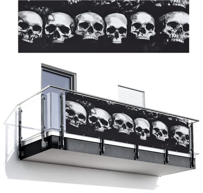 Balkonscherm 300x95 cm - Balkonposter Schedels - Zwart - Contrast - Balkon scherm decoratie - Balkonschermen - Balkondoek zonnescherm