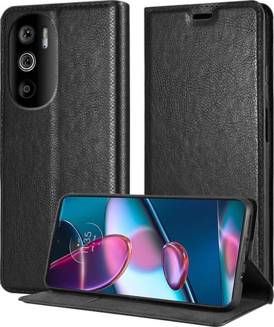 Cadorabo Hoesje geschikt voor Motorola EDGE 30 PRO / EDGE+ in ZWARTE NACHT - Beschermhoes met magnetische sluiting, standfunctie en kaartvakje Book Case Cover Etui