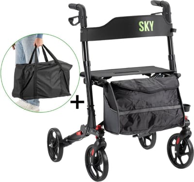 Sky - Lichtgewicht rollator met transporttas - Zwart - Dubbel opvouwbaar - Met stokhouder, tas en rugband