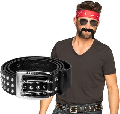 Boland Carnaval verkleed setje heren Bikers/rockers - Zakdoek bandana rood/riem met studs/snor